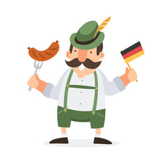 Happy bavarian smiling man in folk costume with sausage and german flag. Vector illustration.