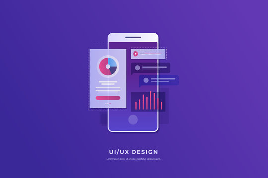Mobile UI/UX development design concept. Smartphone with interface elements. Digital industry. Innovation and technologies. Mobile app. Vector flat illustration for web page, banner, presentation.
