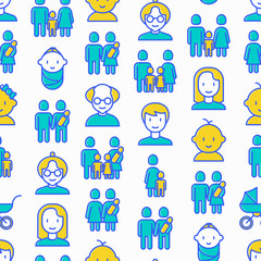 Family seamless pattern with thin line icons: mother, father, newborn, son, daughter, lesbian, gay, single mother and child, grandmother, grandfather. Vector illustration.