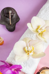 Beautiful soap in the form of flowers and towel with lavender flowers for Spa treatments on a two-tone background.