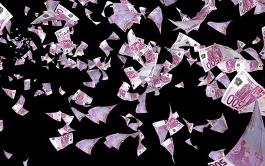 Flying euro banknotes isolated on a dark background. Money is flying in the air. 500 EURO in color. 3D illustration