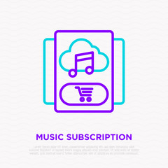 Music subscription thin line icon: music in cloud and shopping cart. Modern vector illustration.