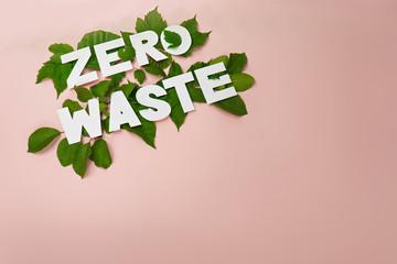 zero waste paper text witj green leaves on pink background