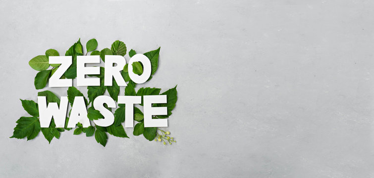 zero waste paper text witj green leaves on gray background