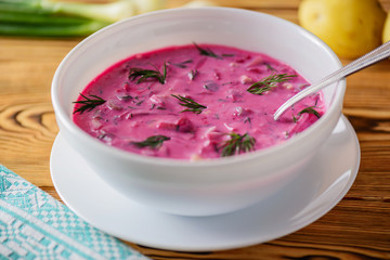 Cold beetroot (beet) soup on yogurt with egg, onion and cucumbers