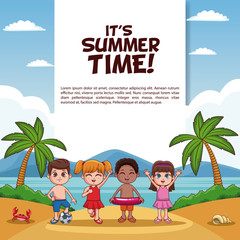 It summer time card with kids at beach cartoons vector illustration graphic design