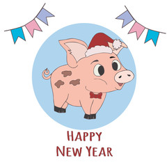 Cute pink pig. Chinese symbol of the 2019 year. Hand Drawn Vector illustration.