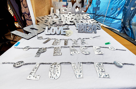 Decorative handmade silver words at the Hippy market. Ibiza