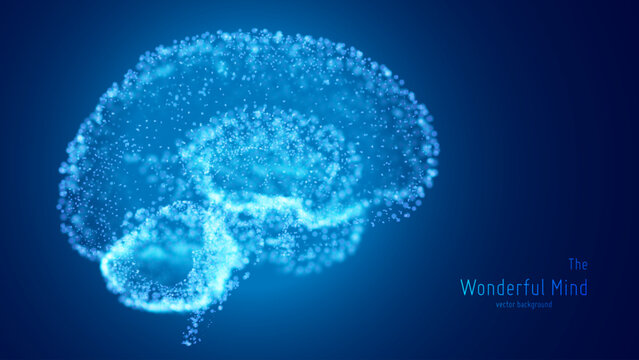 Vector blue illustration of 3d brain with glowing neurons and shallow depth of field. Conceptual image of idea birth or artificial intelligence. Shiny dots forms brain structure. Futuristic mind scan.