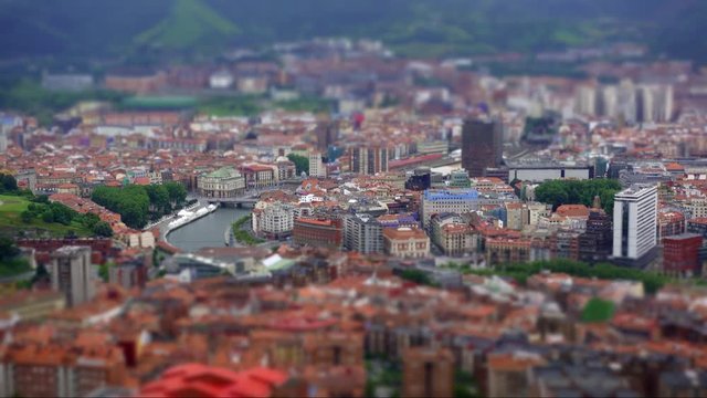 Bilbao city skyline time lapse tilt shift effect.