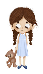 Niña con oso de peluche recién levantada