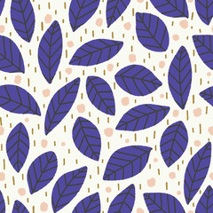 seamless blue leaf and pink dots vector pattern