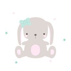 Cute little sitting bunny with bow. Vector hand drawn illustration.