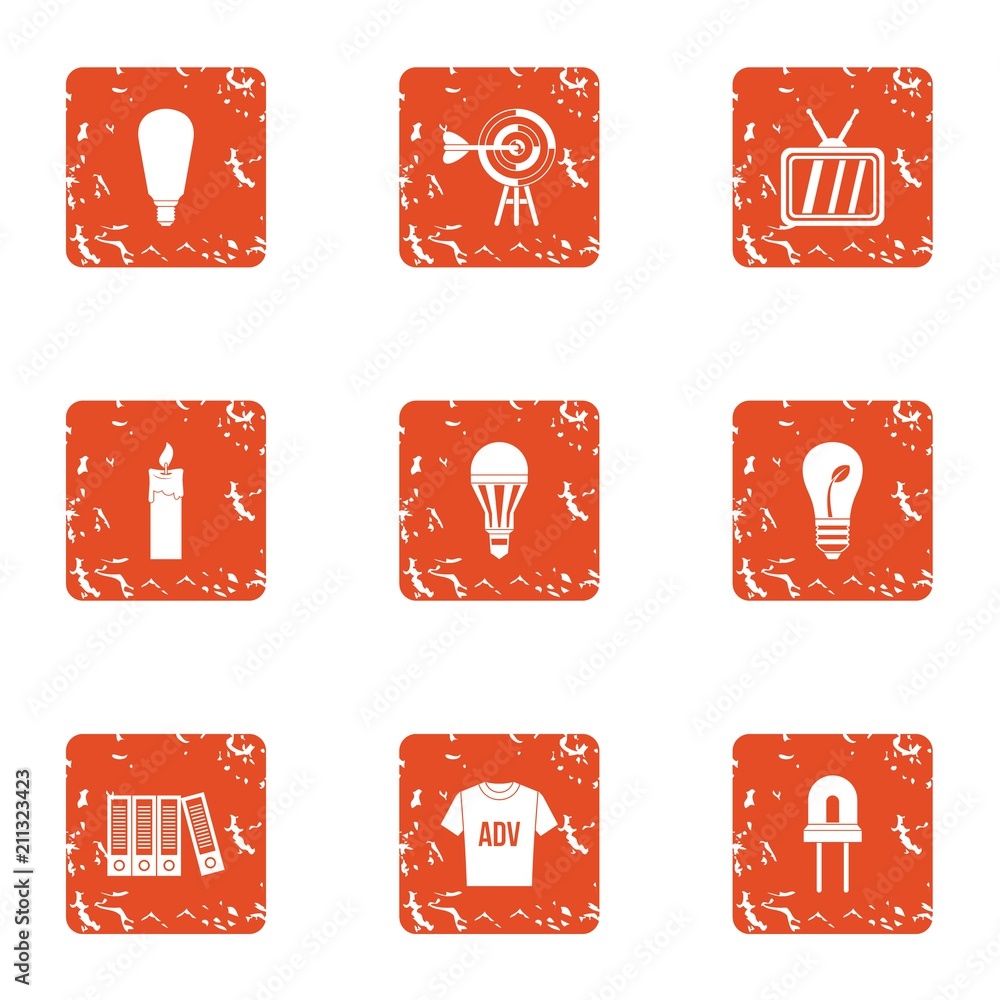 Aufkleber advertising integration icons set. grunge set of 9 advertising integration vector icons for web isol