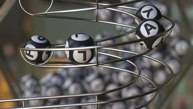 Lotto balls make up PLAY word. Realistic 3D animation