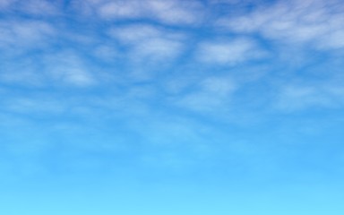 The bright sky in the morning. Blue sky background with white clouds. Cumulus white clouds in the clear blue sky. 3D illustration