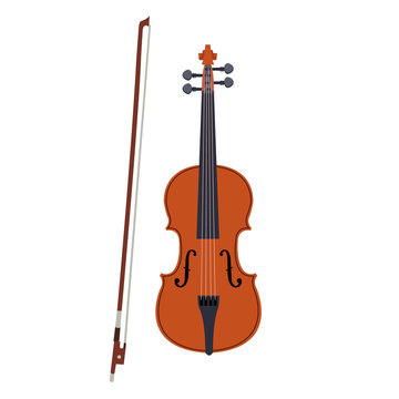 Violin icon. Vector illustration of brown violin with bow isolated on a white background. Stringed musical instrument 