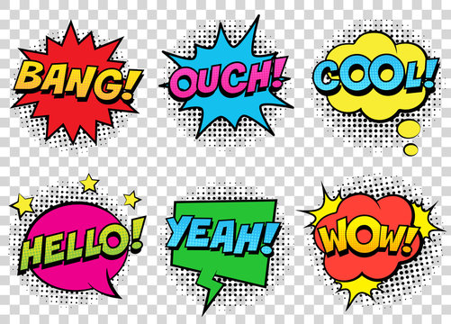 Retro comic speech bubbles set on transparent background. Expression text BANG, COOL, OUCH, HELLO, YEAH, WOW. Vector illustration, vintage design, pop art style.