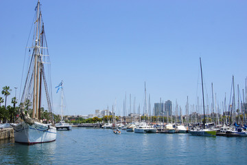 Fototapeta premium Sailboat harbor, many beautiful sail yachts and boat in the sea port of Barcelona. Water transport in summertime vacation