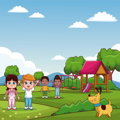 Cute kids playing at park cartoons vector illustration graphic design