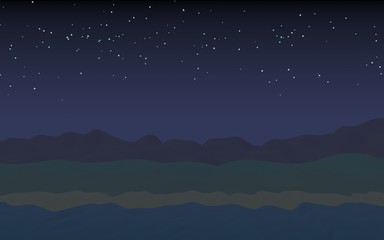 Fototapeta premium Starry moonless sky. Ocean shore line with waves on a beach. Island beach paradise with waves. Vacation, summer, relaxation. Seascape, seashore. Minimalist landscape, primitivism. 3D illustration