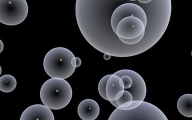 Dark background and light bubbles. Wallpaper, texture with balloons. 3D illustration