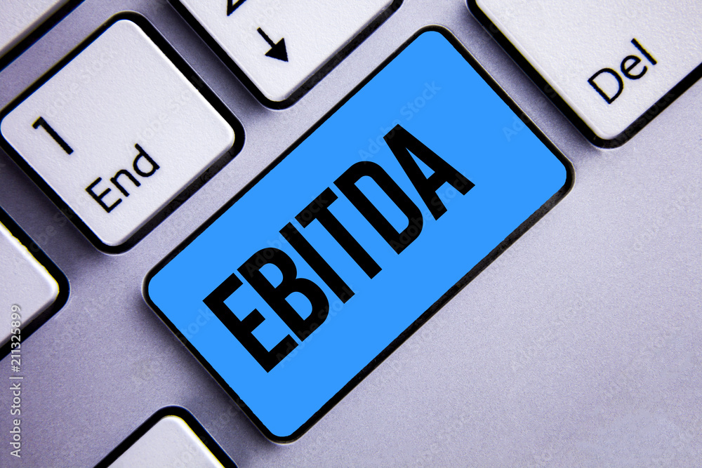 Poster word writing text ebitda. business concept for earnings before interest taxes depreciation amortizat