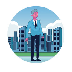 Businessman in the city round icon vector illustration graphic design