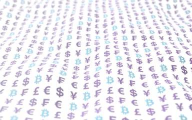 Bitcoin and currency on a white background. Digital Cryptocurrency symbol. Wave effect, currency market fluctuations. Business concept. 3D illustration