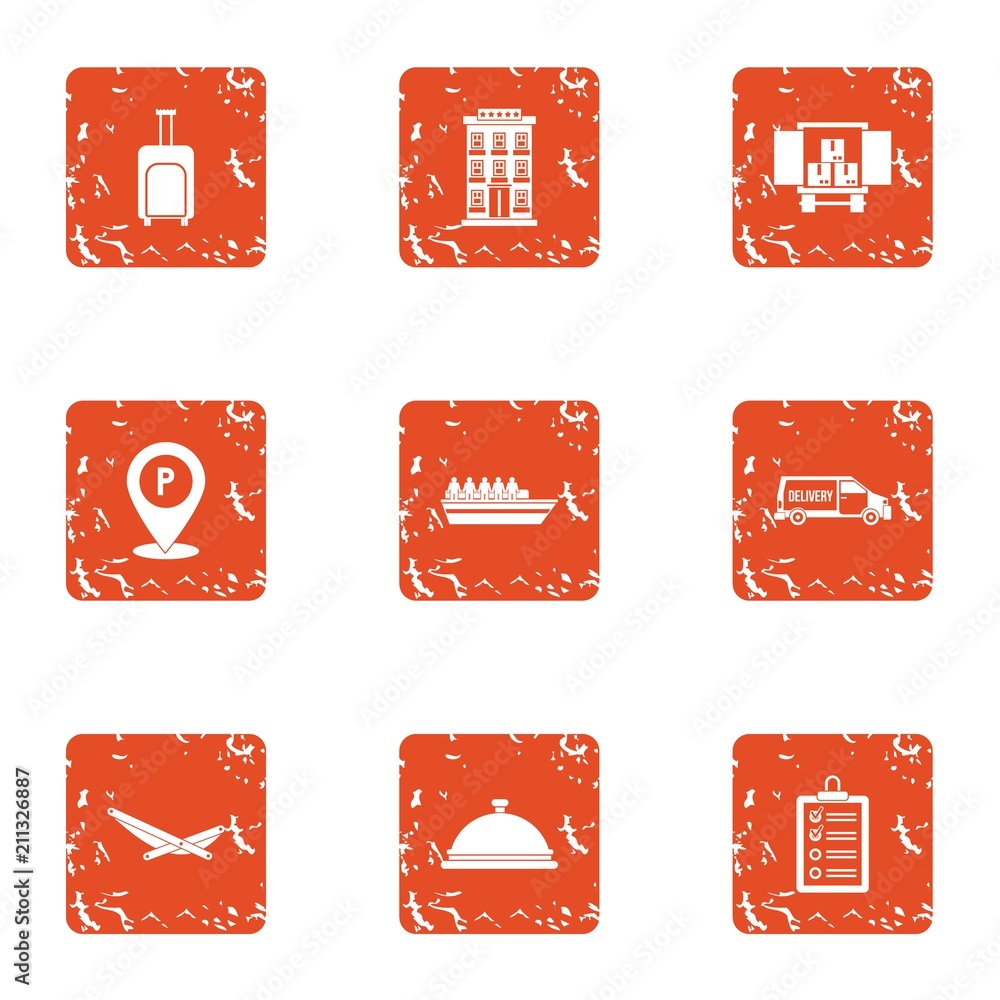 Poster point of destination icons set. grunge set of 9 point of destination vector icons for web isolated o