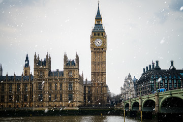 Fototapeta na wymiar Big Ben and Westminster on a cold winter day with falling snow, London, United Kingdom