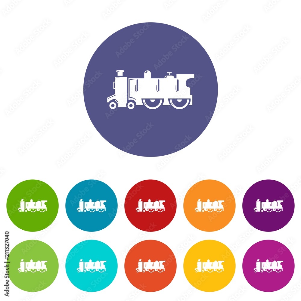 Poster old steam locomotive icons color set vector for any web design on white background