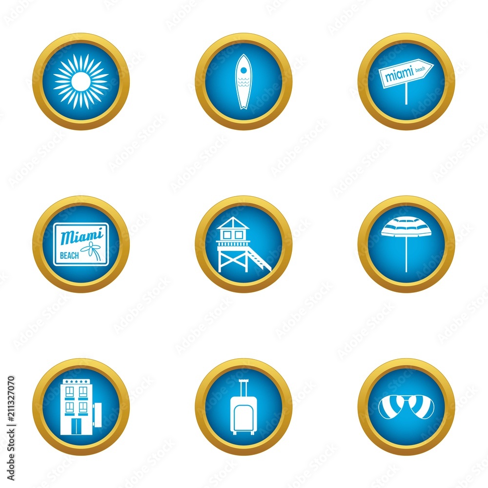Poster miami icons set. flat set of 9 miami vector icons for web isolated on white background