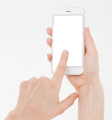 Hand holding white cellphone isolated on white clipping path inside. Online shopping. Top view. Mock up. Copy space. Template.Blank.