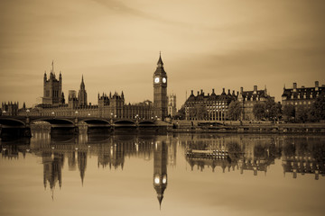 Vintage picture of London Big Ben and House of Parliament with reflection in London. England
