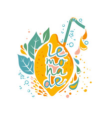 Lemonade. Multicolored graphic template for design. Yellow lemon fruit with a straw to drink. Logo refreshing drink.
