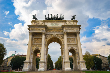 Close up view of Arco della Pace (Arch of Peace), Porta Sempione, Milan, Italy 