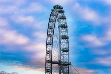 London Eye closeup view of capsules against sunset sky:London,England-March,2016