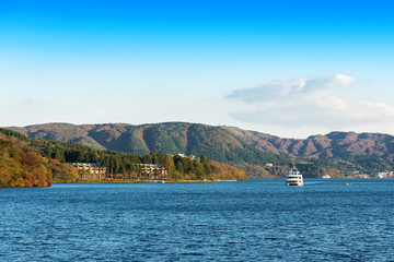 View of the landscape at lake Ashi in Hakone, Japan. Copy space for text.