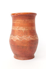 Clay jug for milk, handmade, cookware, isolated on white background