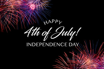 Happy JUly 4th greeting with black background with fireworks