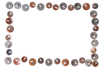  Frame of old rusty metal thumbtacks, isolated on white background