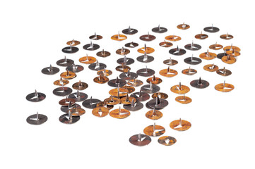 Old rusty metal thumbtacks, isolated on white background