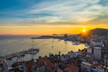 Aerial view of Split old town at sunset, Dalmatia, Croatia