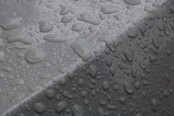 Water drops on a white metal surface 