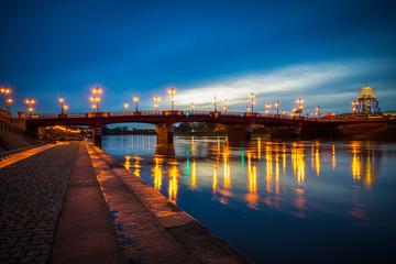Old Town bridge and Warta river at dusk in Gorzow, Poland