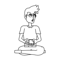 cartoon man using a cellphone over white background, vector illustration