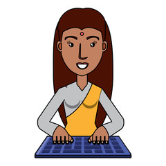 cartoon woman using a computer keyboard  over white background, vector illustration