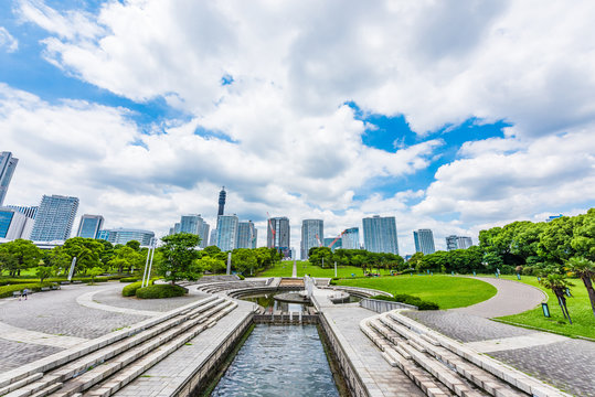 横浜のビル群と公園 High-rise condominium and fresh green in Yokohama