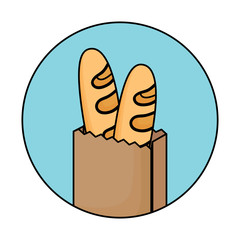 decorative circular frame with bag with breads icon over white background, vector illustration